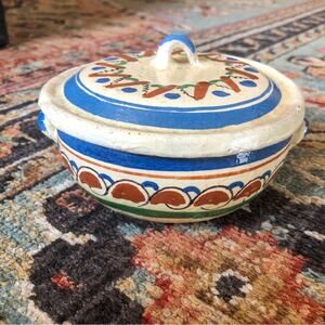 Vintage Tlaquepaque Mexican Pottery Small Pot with Lid Hand Painted